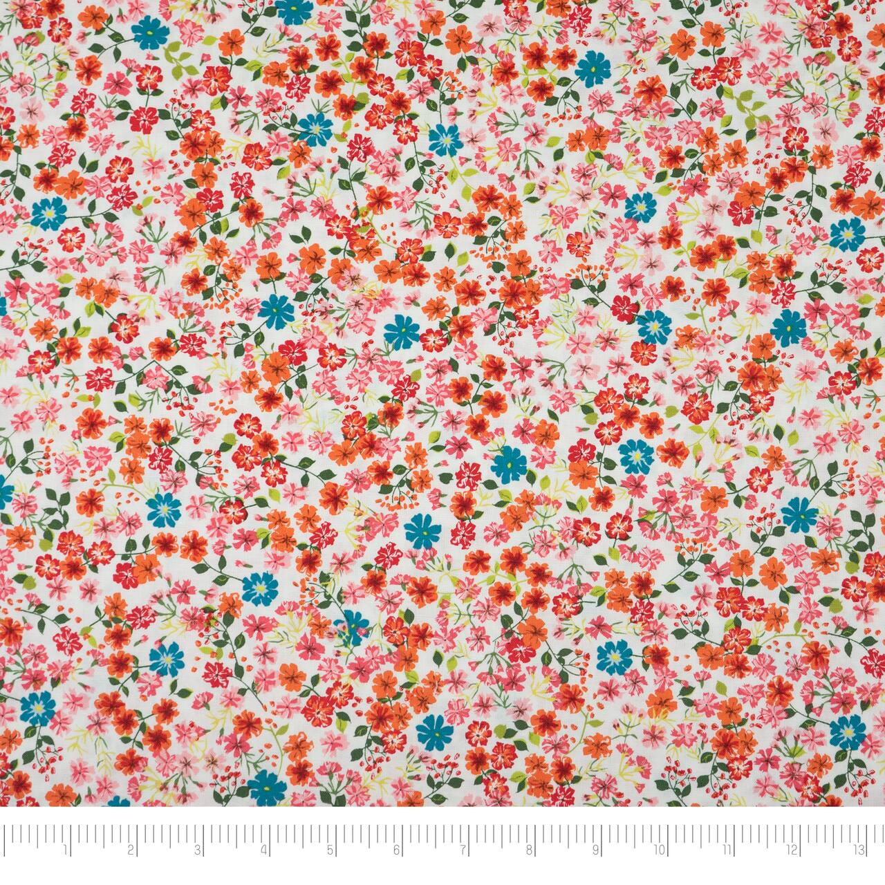 SINGER Orange Small Floral on White Cotton Fabric